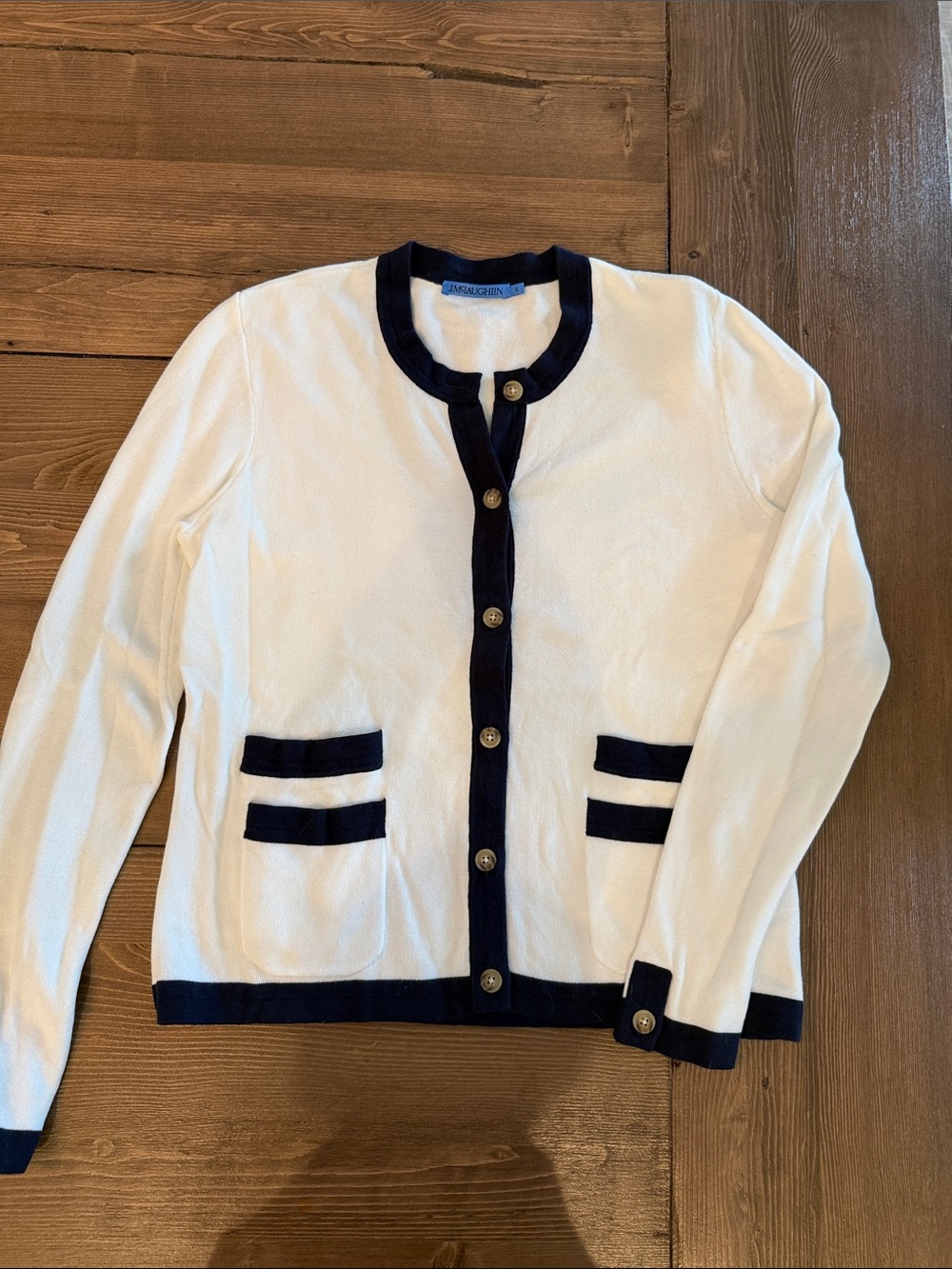 Classic White Cardigan with Navy Trim